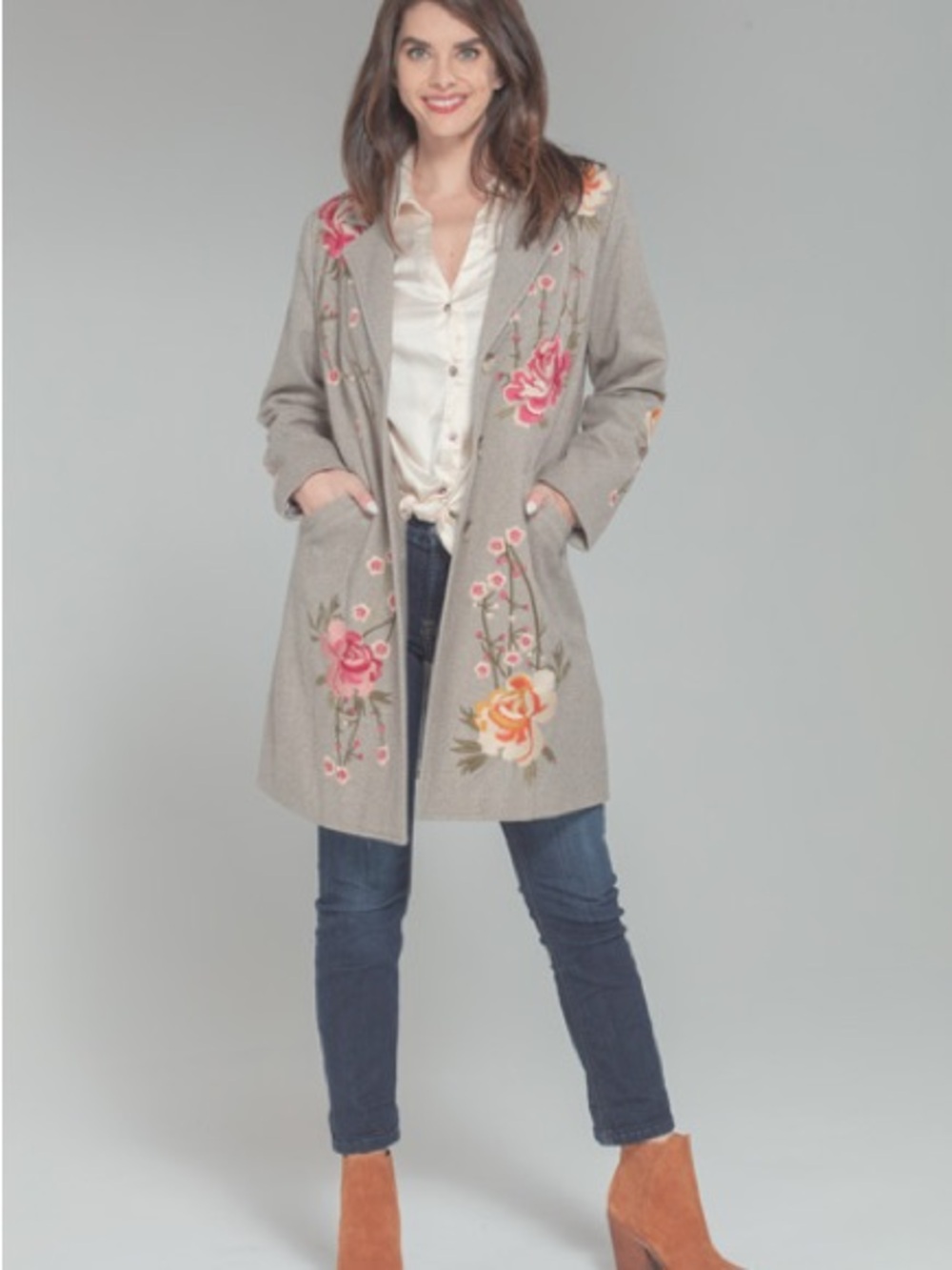 Embroidered Floral Open-Front Long Cardigan Sweater - Gray